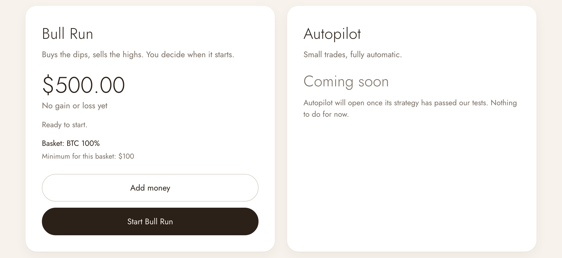 The Oftaga app: the Bull Run card with a Start Bull Run button, and the Scheduled sales section.